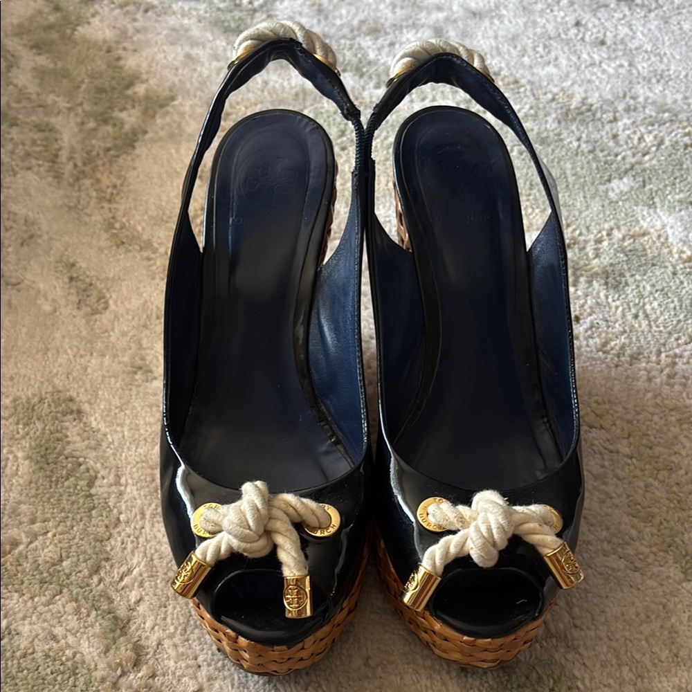 Tory Burch Black and Tan Platform Shoes with Peep-Toe Design